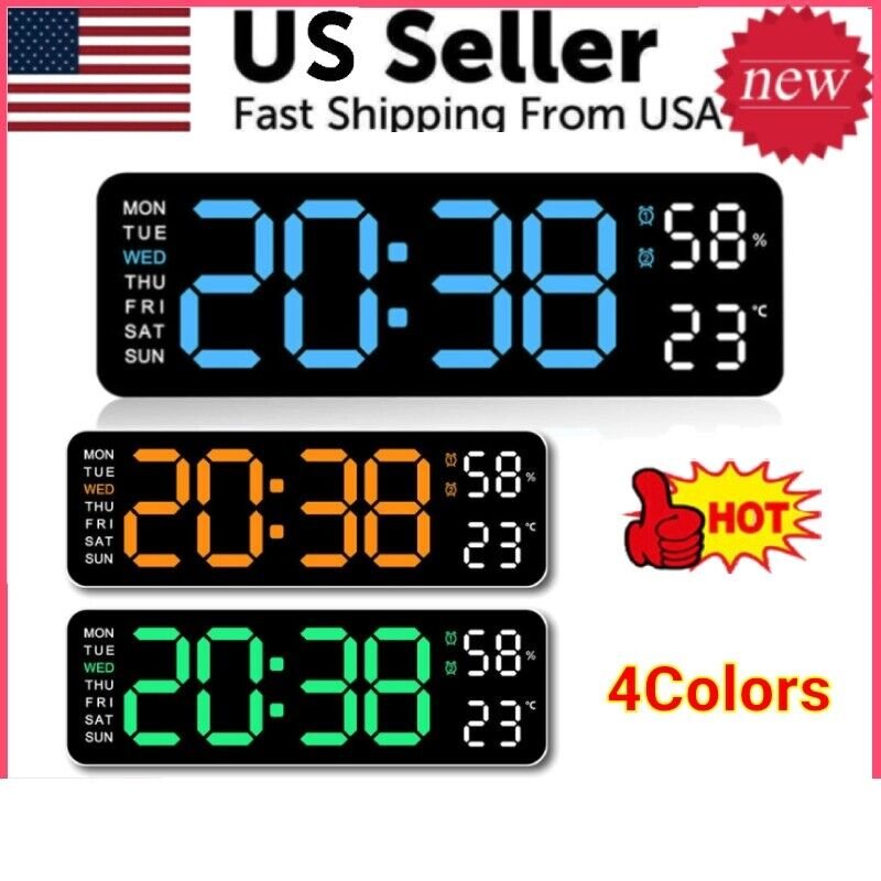9" Digital LED Desk Alarm Clock Large LCD Display Wall Clock Temperature Date