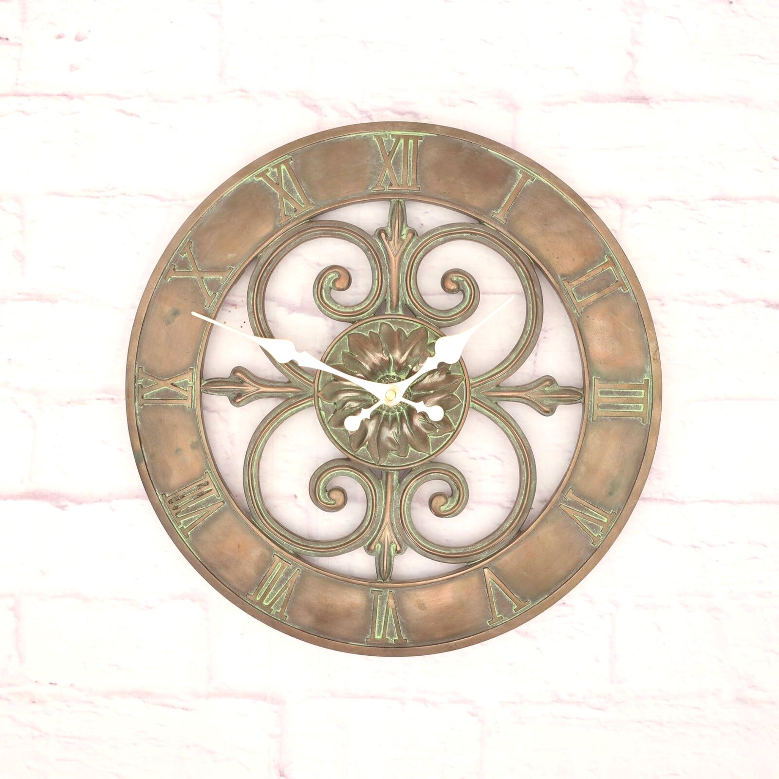 Accent Round Wall Clock Roman Numerals Scrolled Home Decor Bronze/Green