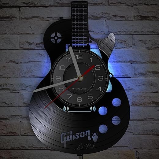 Acoustic Guitar 12" LED Vinyl Wall Clock 7 Colors Changing with Remote Control Musical Instrument Bedroom Wall Decor Vinyl Record Night Light Wall Clock Rock N Roll Music Gift for Men Cave