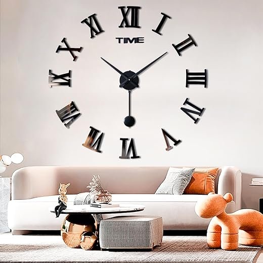 AILILIFE DIY 3D Large Wall Clock with Pendulum, Giant Roman Numerals Frameless Mirror Wall Clock Home Decoration for Home Living Room Bedroom Wall Decorations (Black)