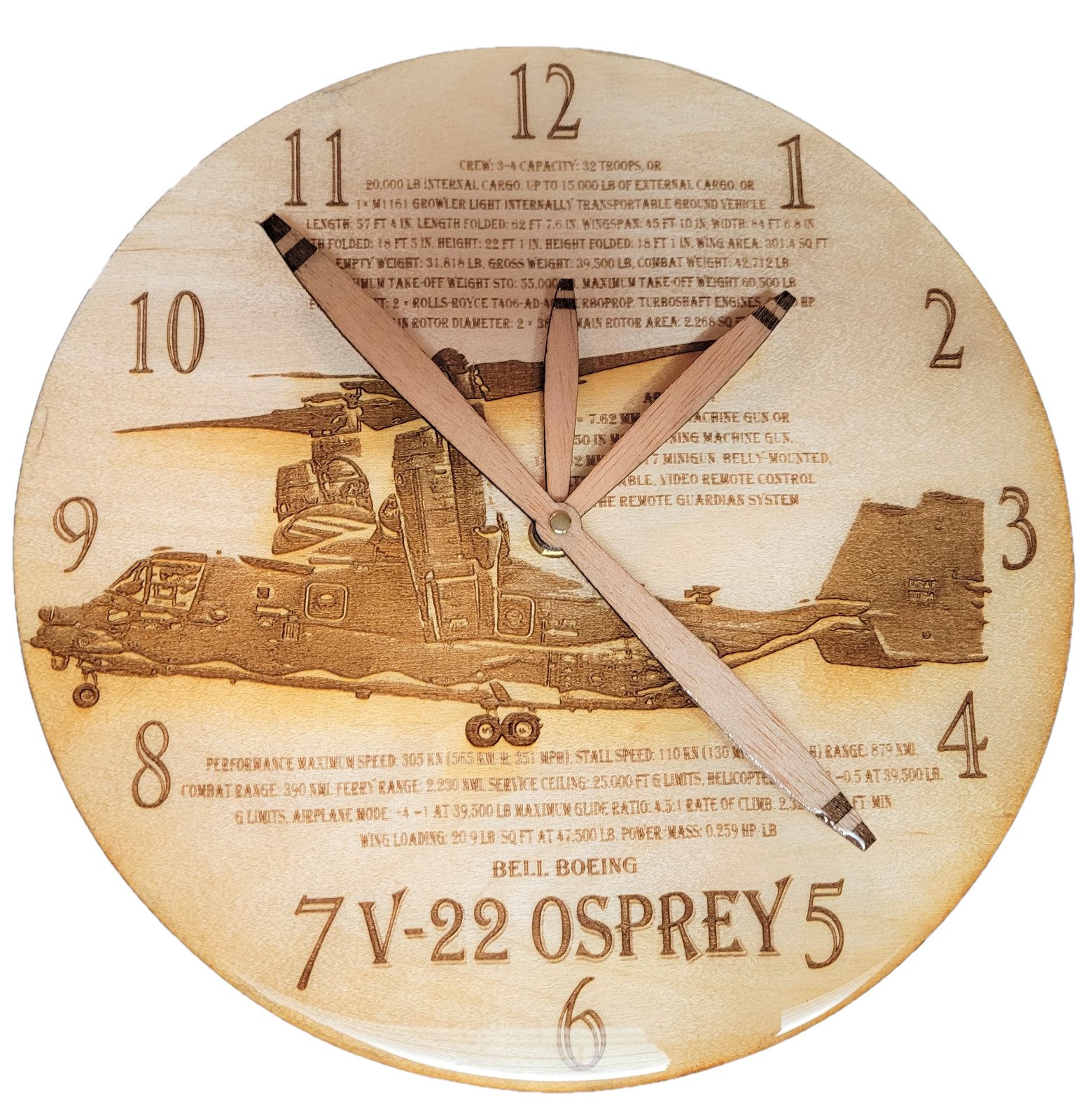 Airplane Clock 11" V-22 OSPREY Wood Burned Glazed Silent Wooden Wall Clock