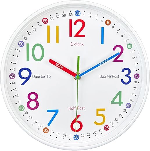 AIRUIFU Kids Wall Clock- Teaching Clock for Kids - Silent Analog Clock for Kids Room Decor, Colorful Wall Clock Helps Kids Easier to Tell Time(10 inch)