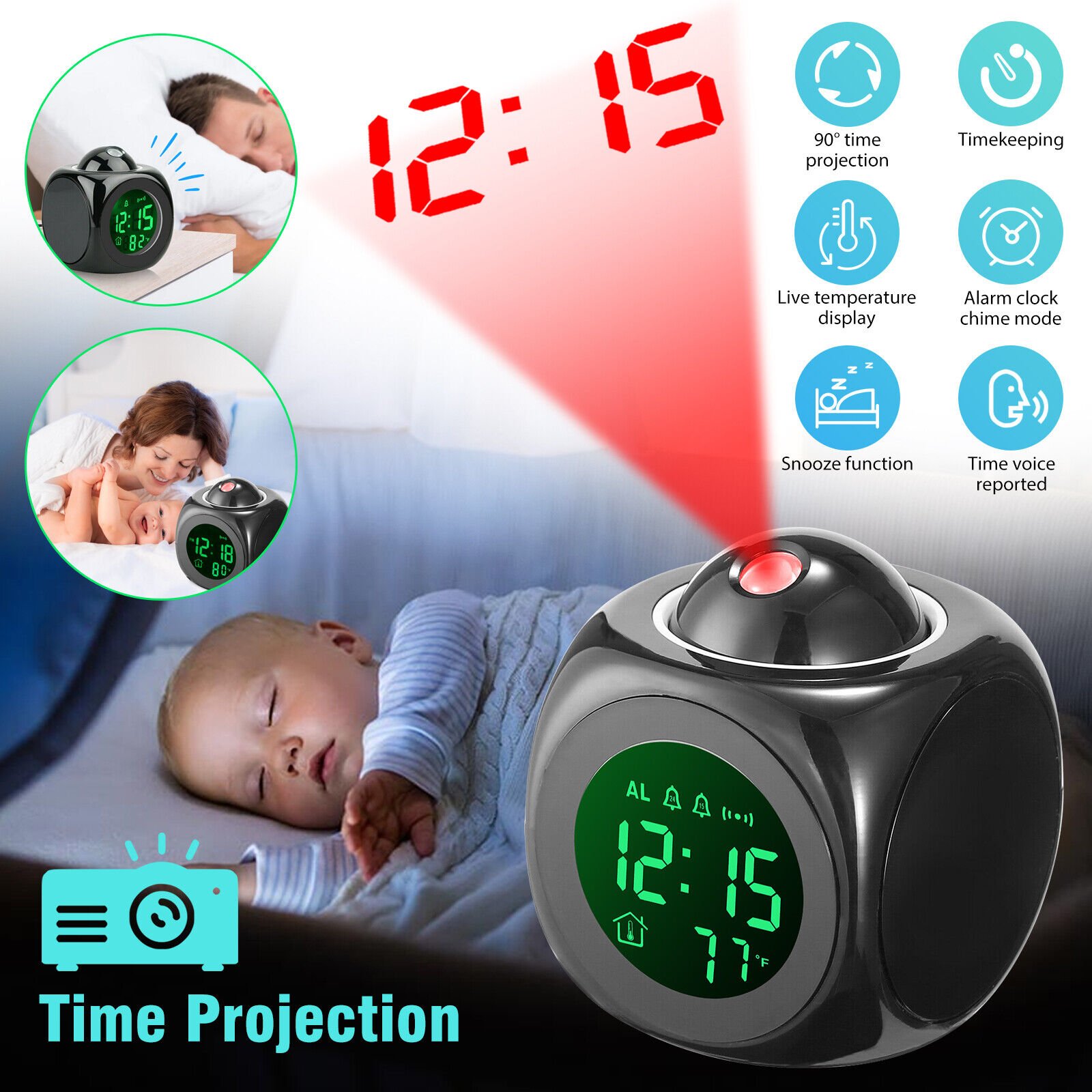 Alarm Clock LED Wall/Ceiling Projection LCD Digital Voice Talking Temperature