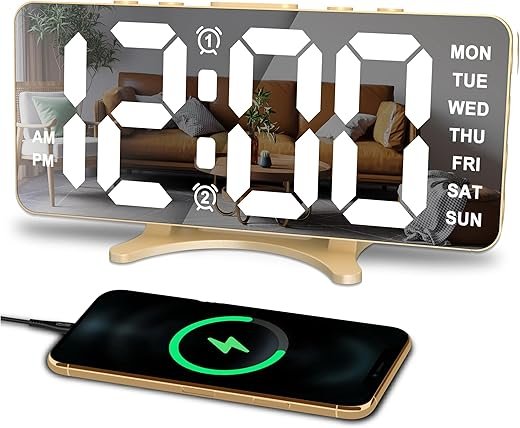 Alarm Clocks for Bedrooms, LED Mirror Digital Clock, Large Display with Dimming Mode, Dual Alarms & USB Ports, 4 Levels Brightness&2 Levels Volume, Clock for Living Office Home Room Decor, Gold