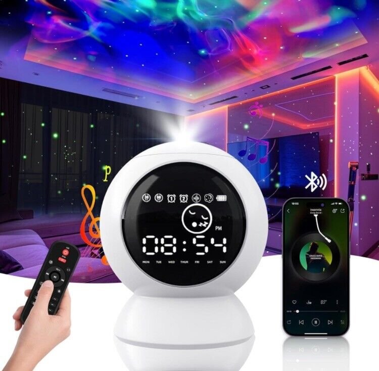 Alarm Clock Star Projector for Kids Bedroom Bluetooth Speaker White Noise Galaxy