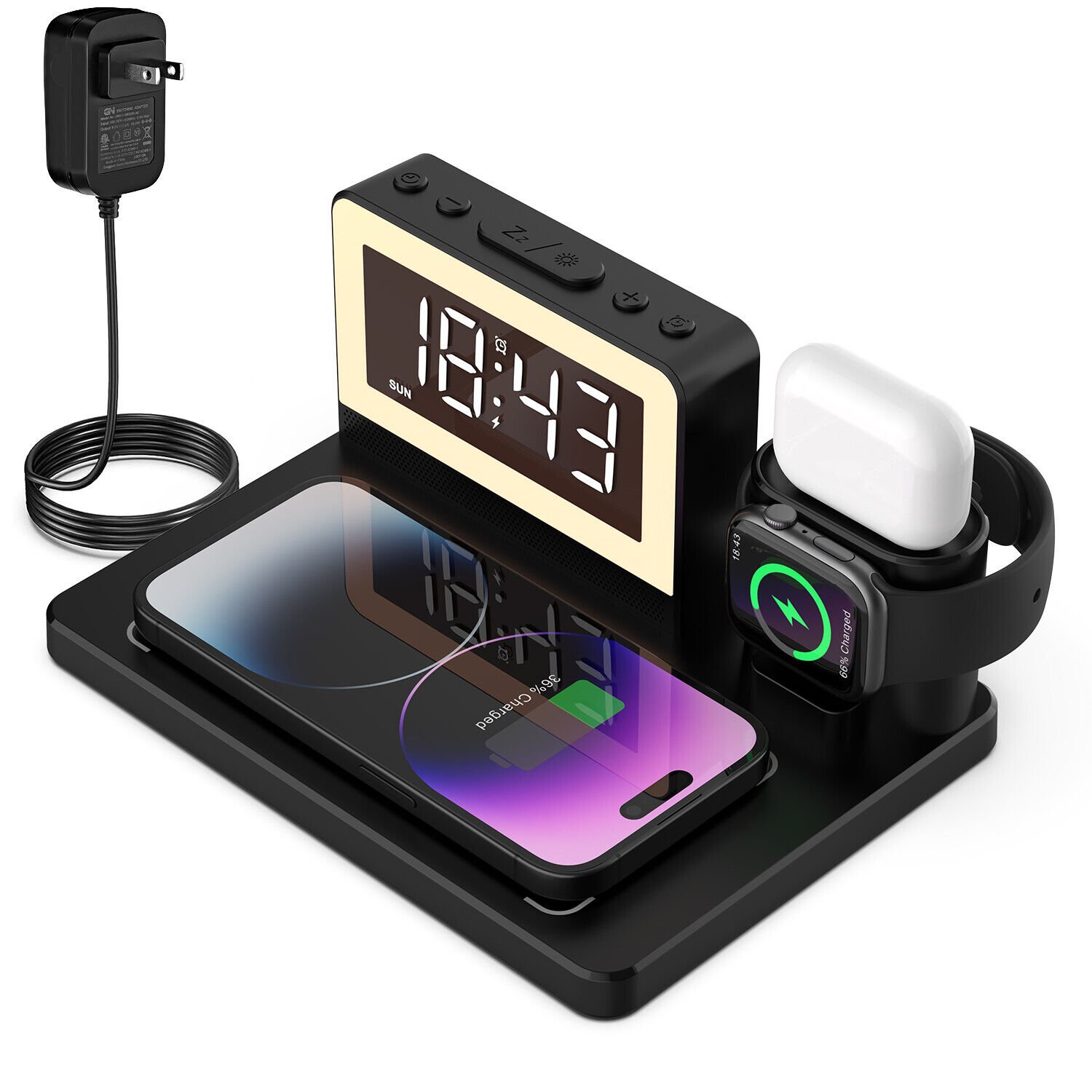 Alarm Clock with Wireless Charging,7 Color Night Light,5 in 1 Wireless Charger