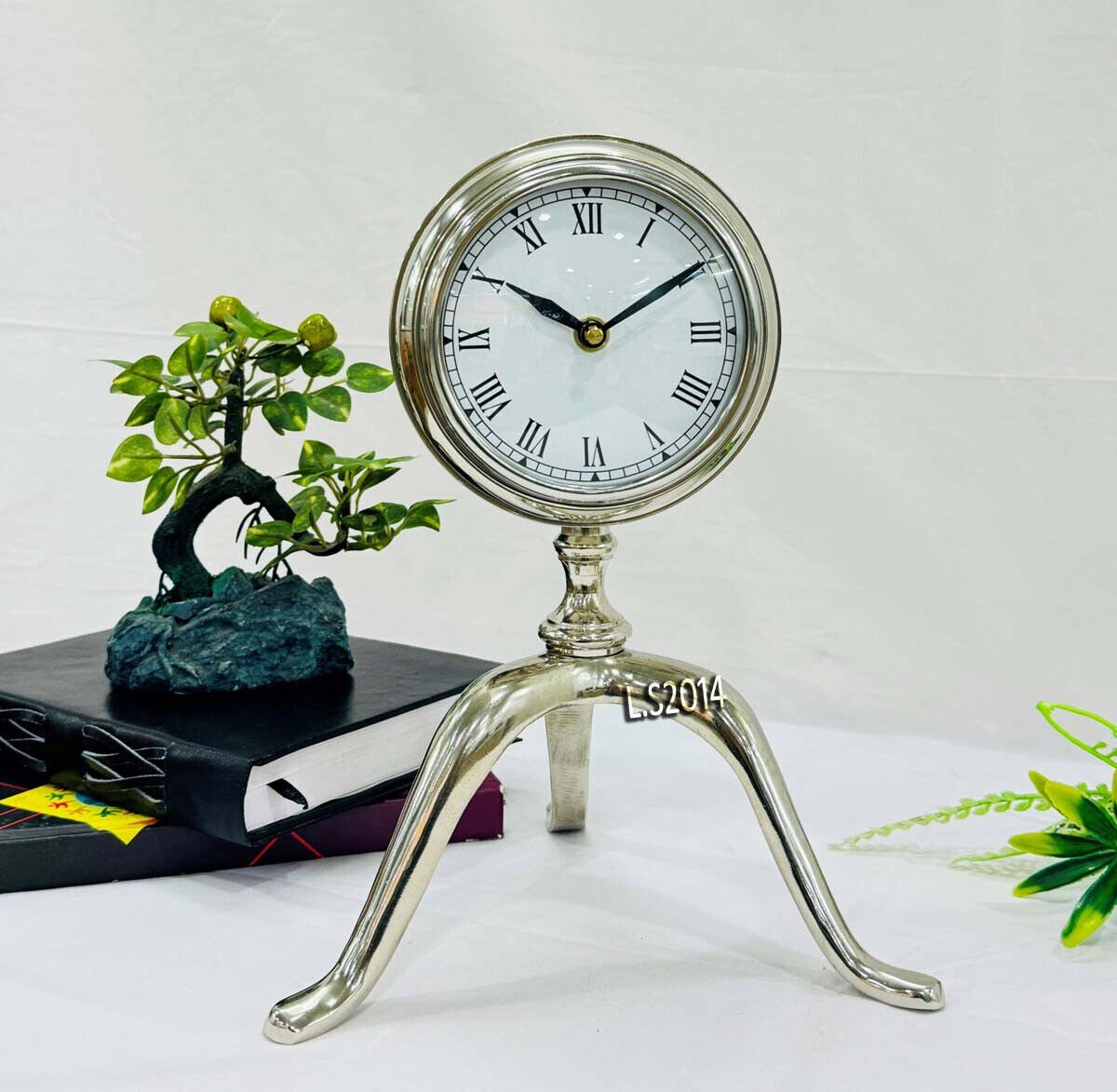 Analog Metal Table Clock in Silver Finish 10" Height