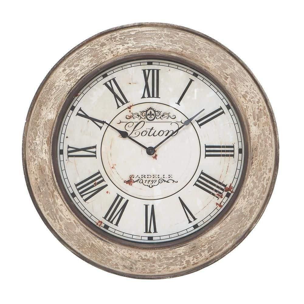 Analog Wall Clock Round Distressed Beige Cream Wood Distressed Large Vintage
