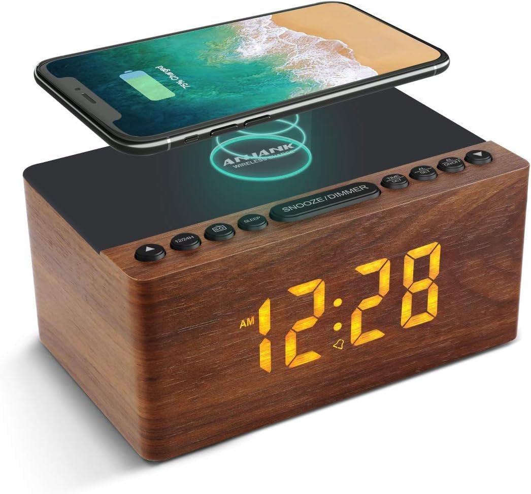ANJANK Wooden Digital LED Alarm Clock FM Radio, Fast Wireless Charger Station for iPhone/Samsung Galaxy, 5 Level Dimmer, USB Charging Port, 9 Sounds, Sleep Timer for Bedroom, Bedside, Desk