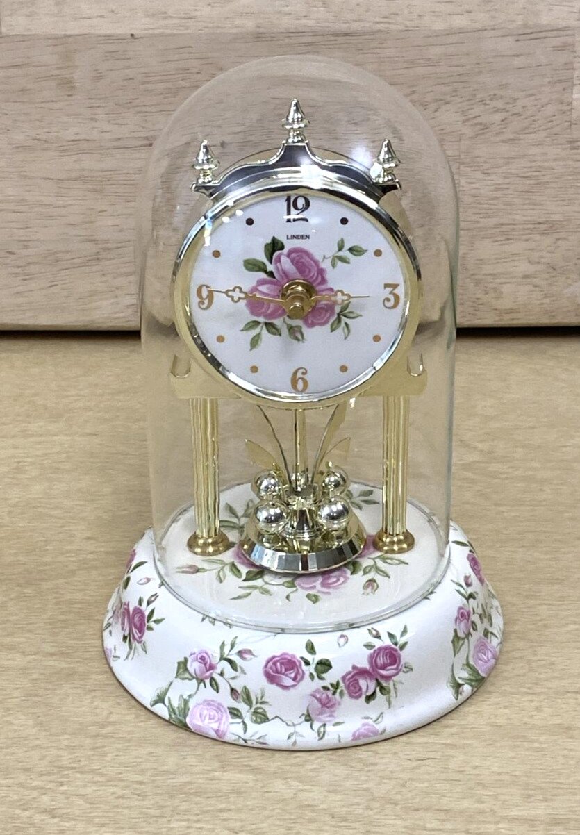 Anniversary CLOCK Vintage Linden Porcelain W/Glass Dome - 8" - WORKS GREAT