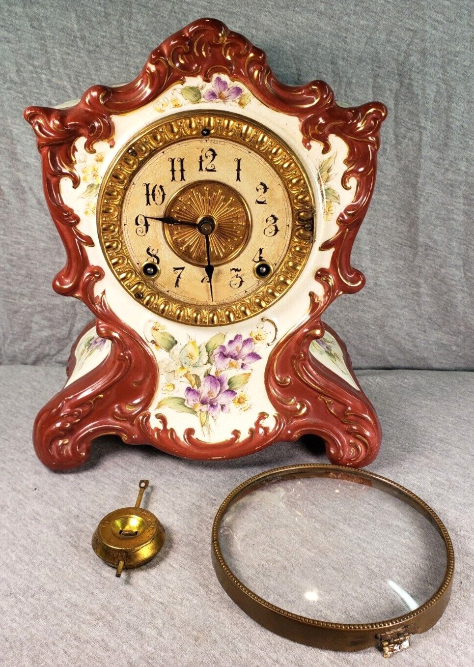 Antique Ansonia Clock Co. Porcelain Tacoma Mantel Clock w/ Pendulum C. 1882 P/R