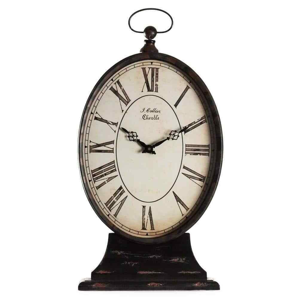 Antique Black Oval Iron Table Clock on Base