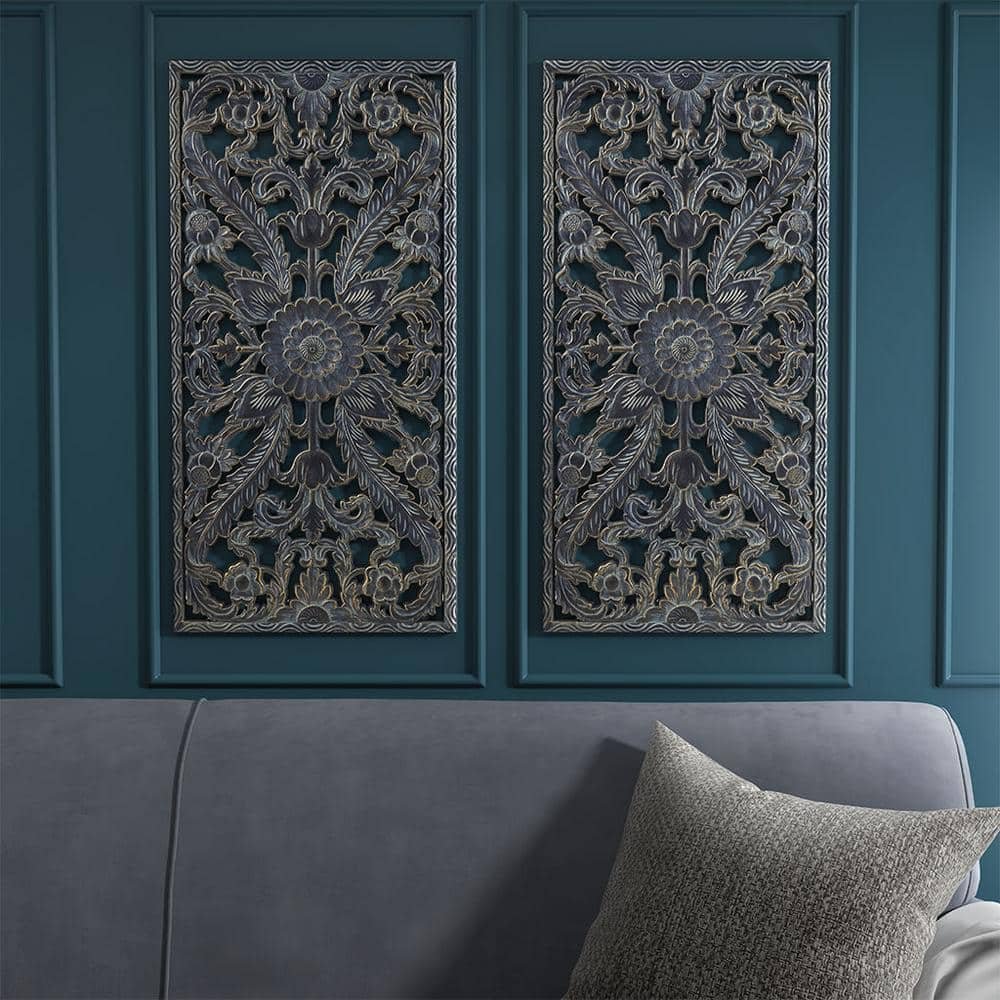 Antique Blue Distressed Carved Lotus Flower Pattern Dimensional Wood Wall Art Decor...
