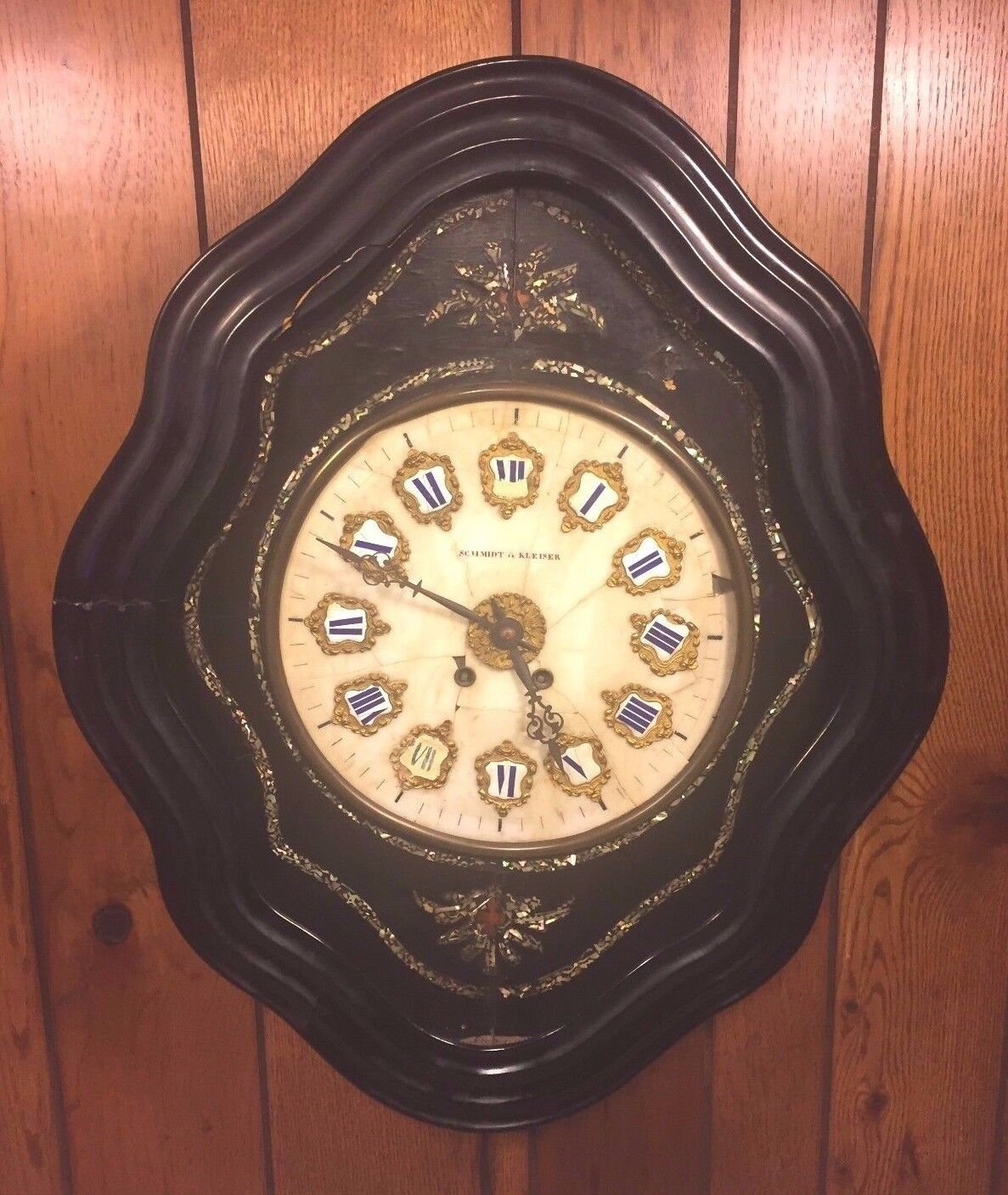 Antique French Boulle Wall Clock Black Enamel Case with Stone Face Runs?
