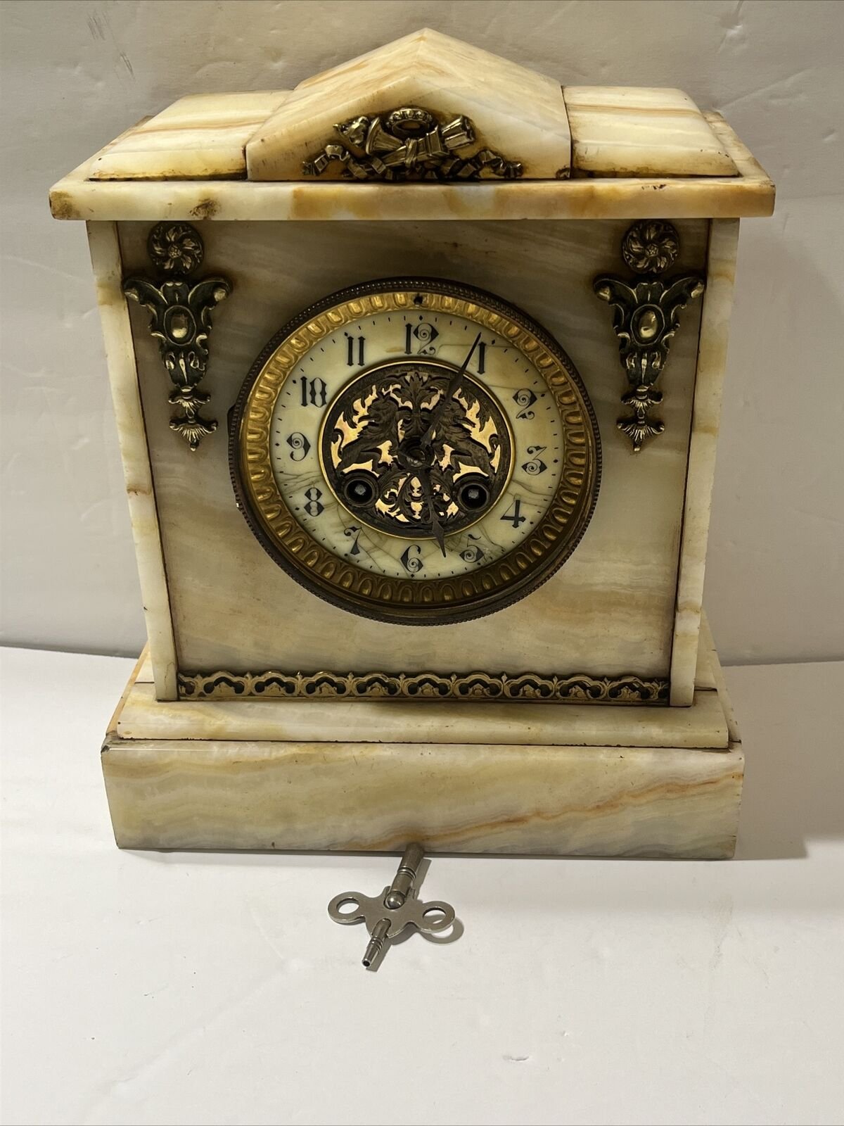 Antique French Medaille De Bronze S. Marti 19th Century Marble Desk Clock Lions