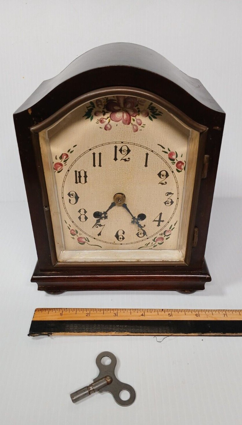 Antique German Floral Dial Mantle Mantel Clock Mahogany Working Great 8 Day