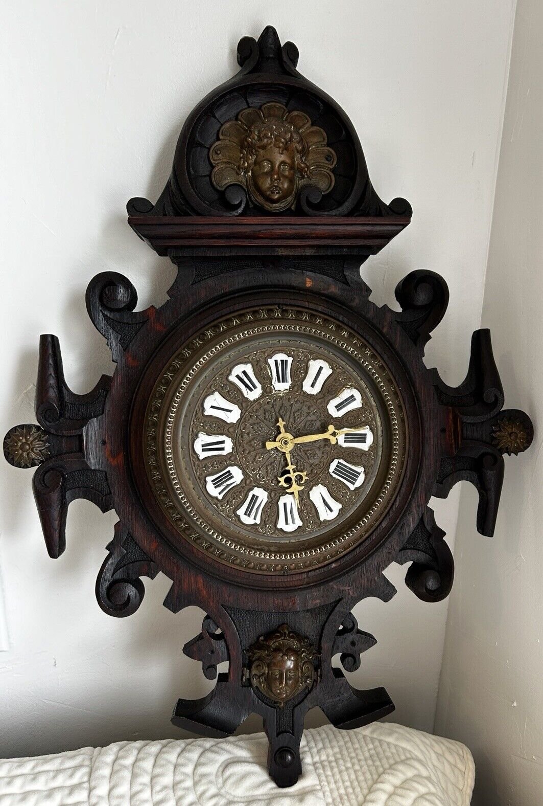 Antique Wall Clock German Or French ? Bronze Cherub Carved Wood 19th Century