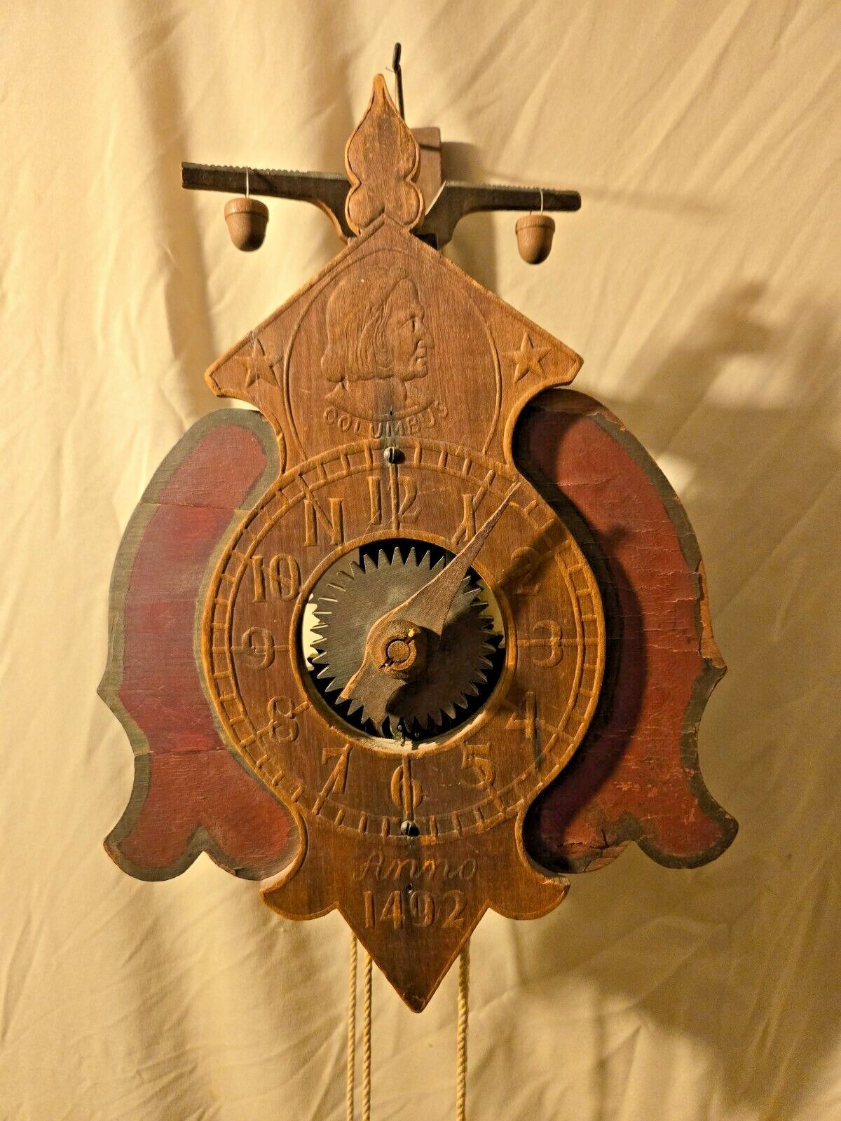 Antique Wooden Wall Clock Model Anno 1492 Columbus Exhibition Clock. Rare, Works