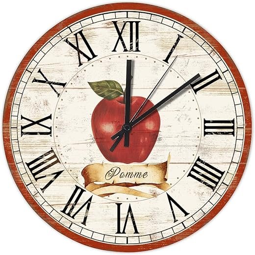 Apple Red Edge Design Wall Clock Silent Non-Ticking Decorative Wall Clocks Battery Operated 10 Inch for Home Living Room Kitchen Bedroom