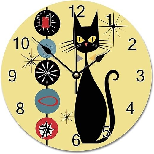 ArogGeld Black Cool Cat Wall Clock 10 Inch Retro Atomic Era Mid Century Battery Operated Non-Ticking Vintage Farmhouse Wood Large for Living Room Kitchen Bedroom Decor, Multicolor (qx554h4r4m8v)