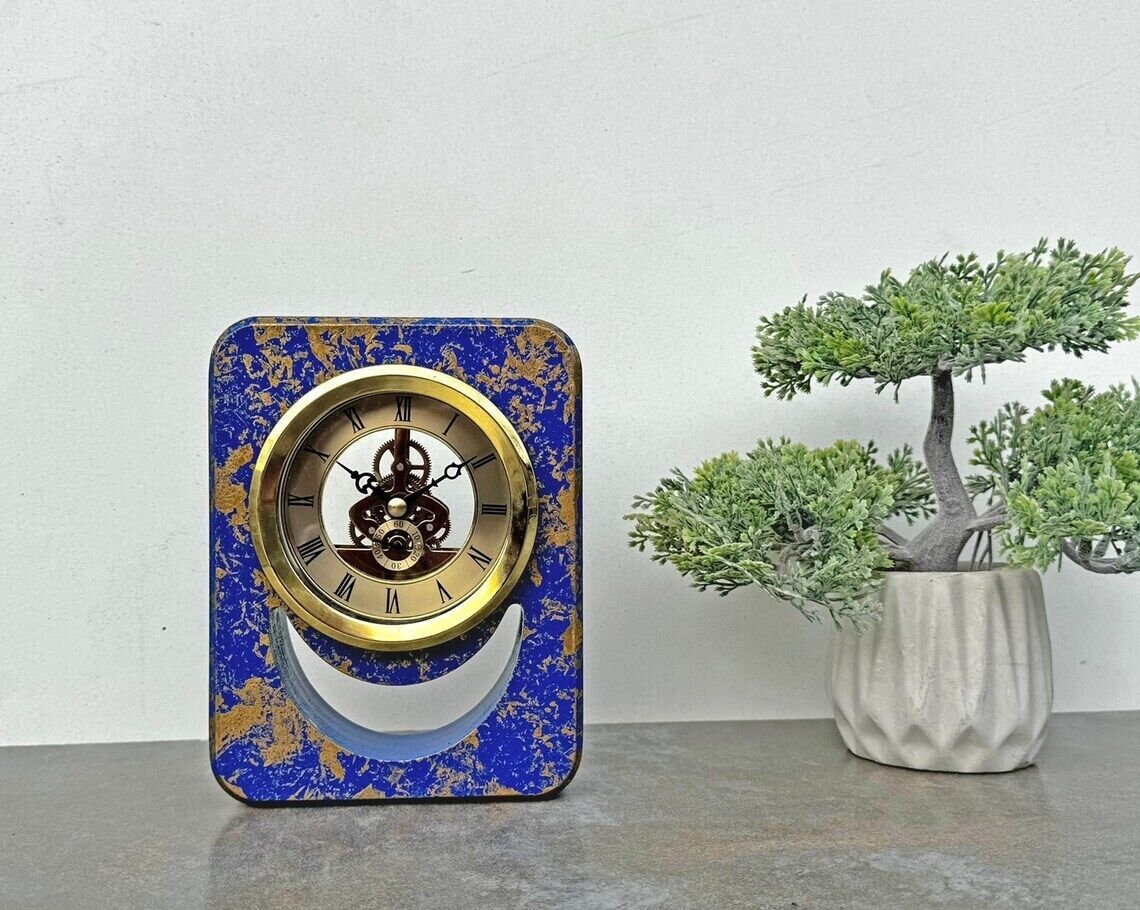 Art Nouveau Clear Dial Blue Gold Wood Table Clock Fireplace Decor Personalized