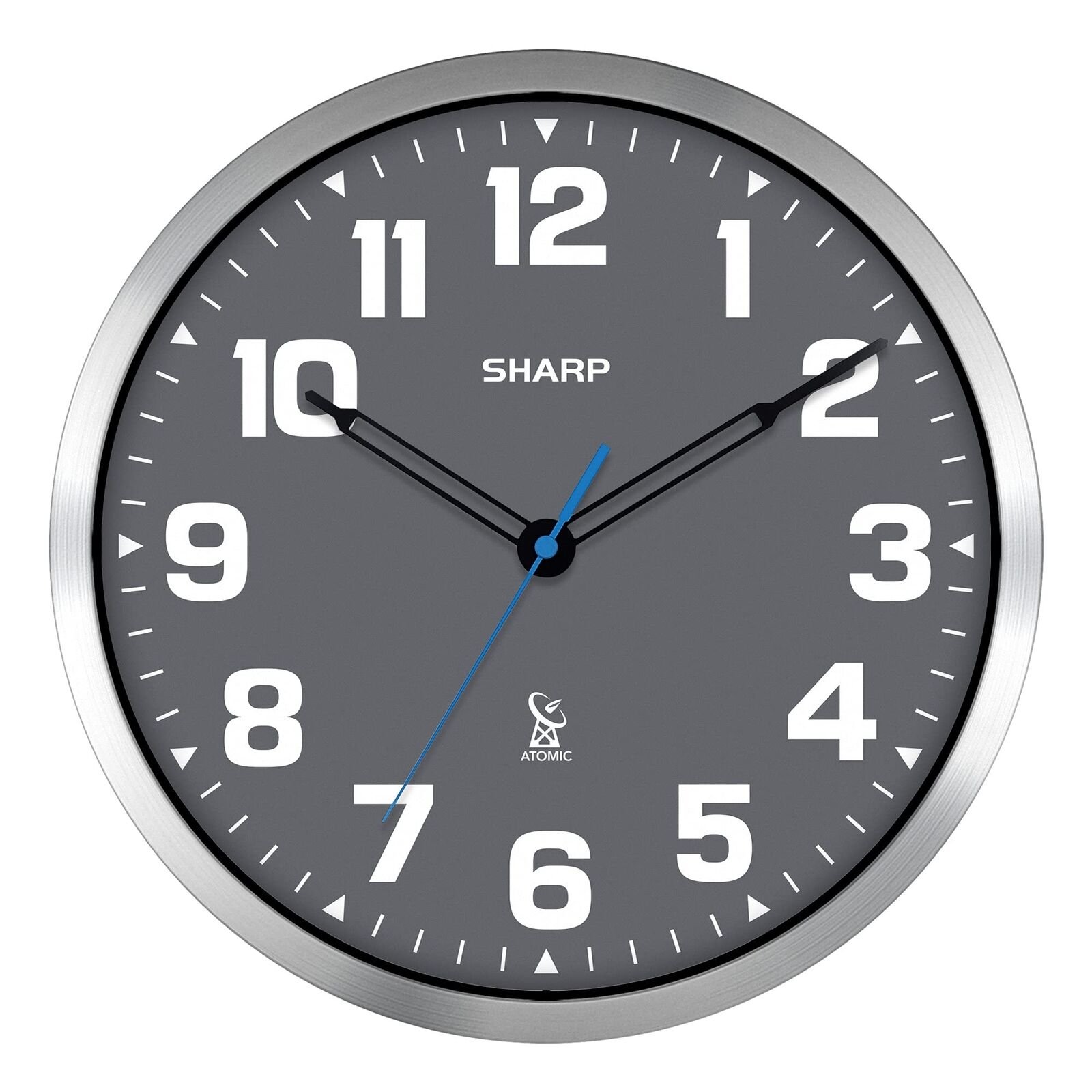 Atomic Analog Wall Clock - 12" Grey Face, Silver Brushed Finish - Sets Automa...