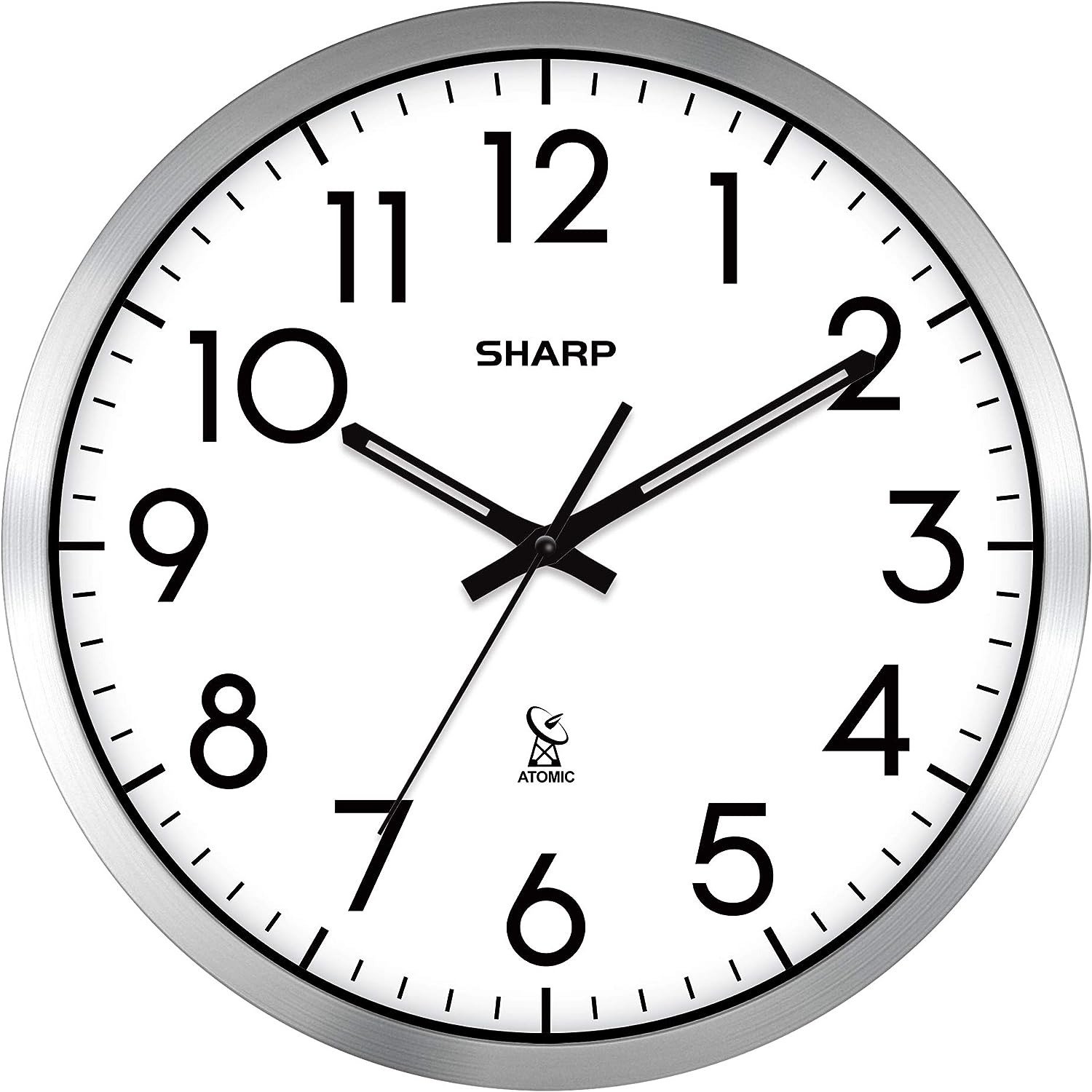 Atomic Analog Wall Clock - 12" Silver Brushed Finish - Sets Automatically- Batte