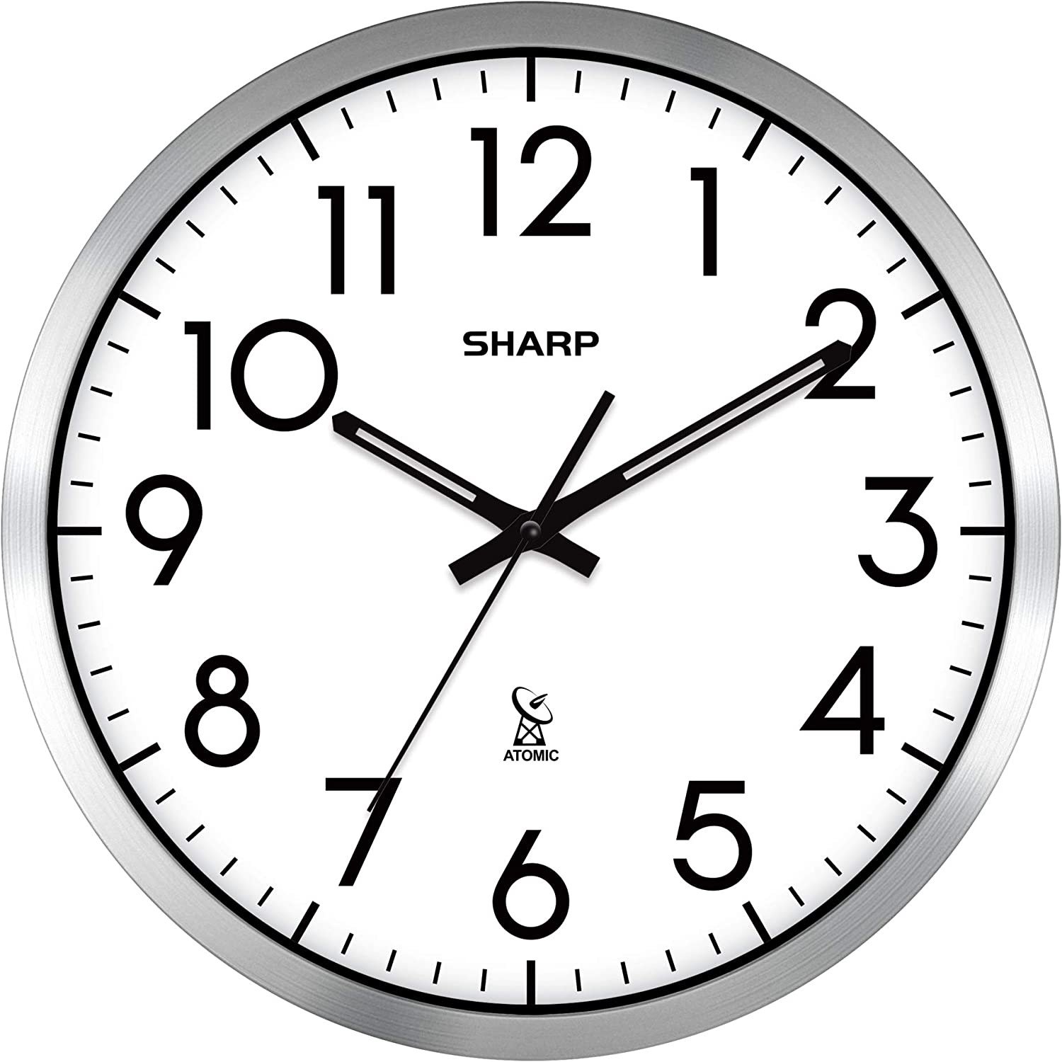 Atomic Analog Wall Clock - 12" Silver Brushed Finish - Silver / White