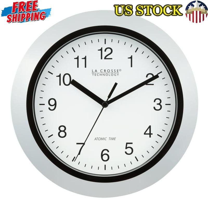 Atomic Analog Wall Clock 10 Inch Self Setting Accurate Time 4 Time Zones Silver