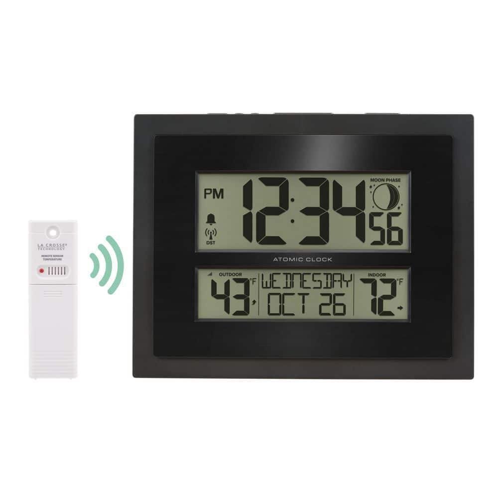 Atomic Clock Black Digital Outdoor Temp Moon Phase Weather-Resistant Sensor