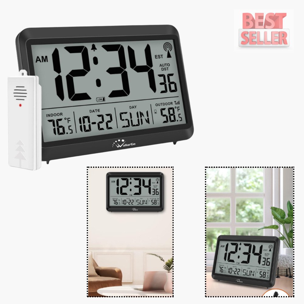Atomic Clock with Indoor Outdoor Temperature, Self-Setting Digital Wall Clock