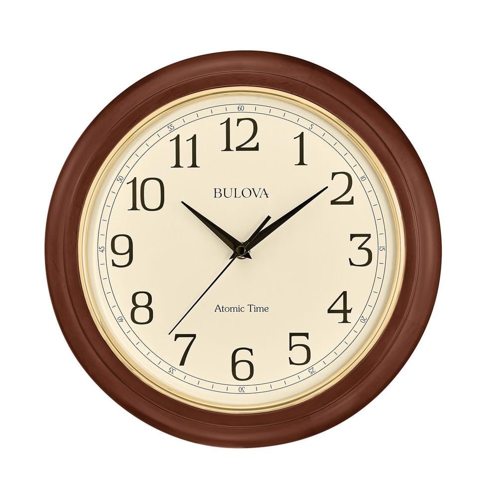 Atomic Time 2 12.4 in. wall clock, cherry hardwood case, gold bezel,...