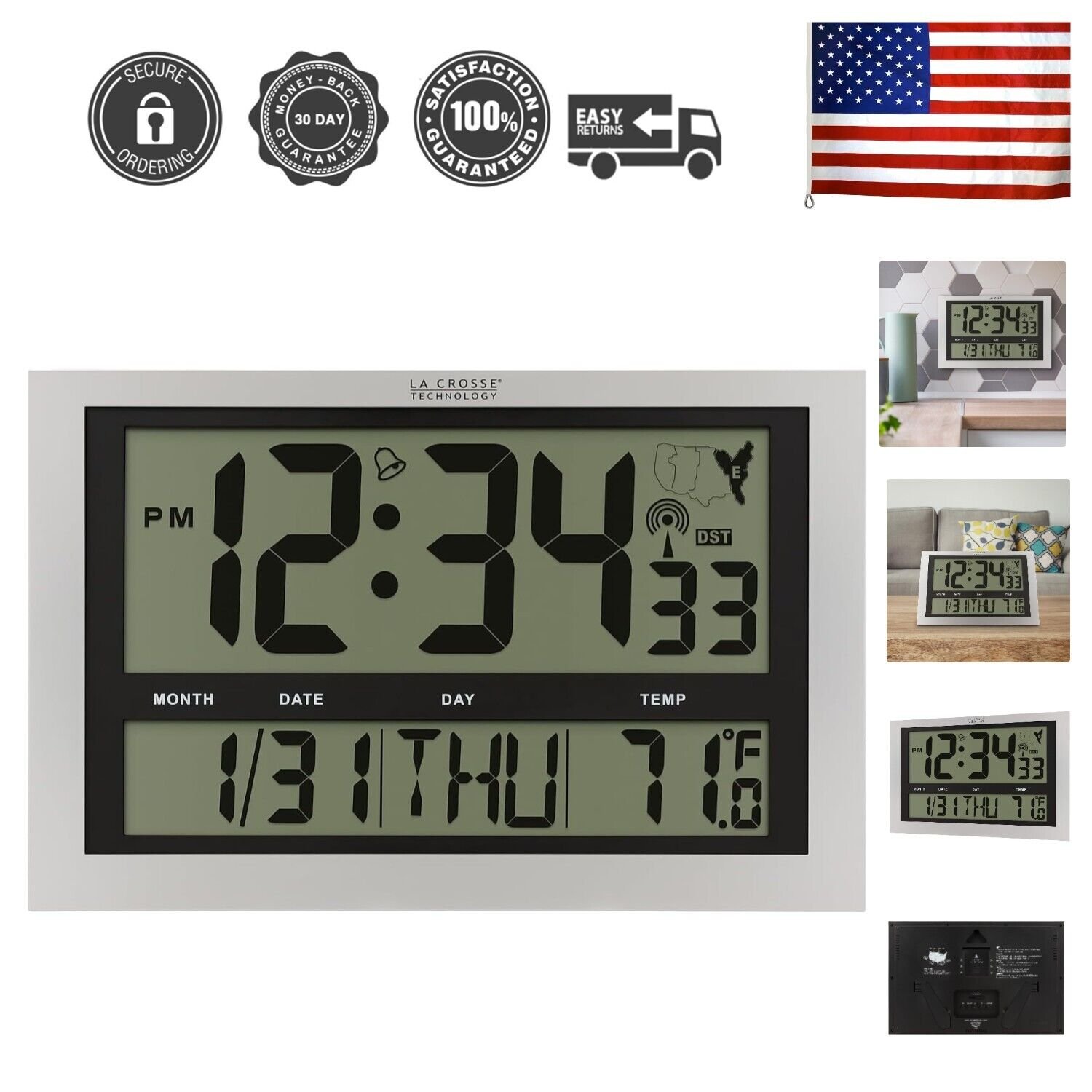 Atomic Wall Clock with Jumbo LCD Display with Indoor Temperature , Silver