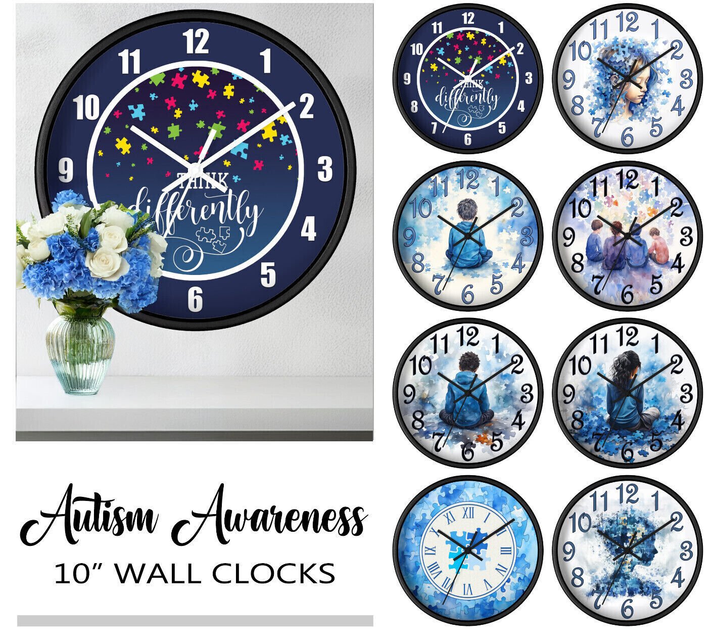 Autism 10" Wall Clock #1 - Blue Puzzle Piece Clock, Autism Teacher Gift