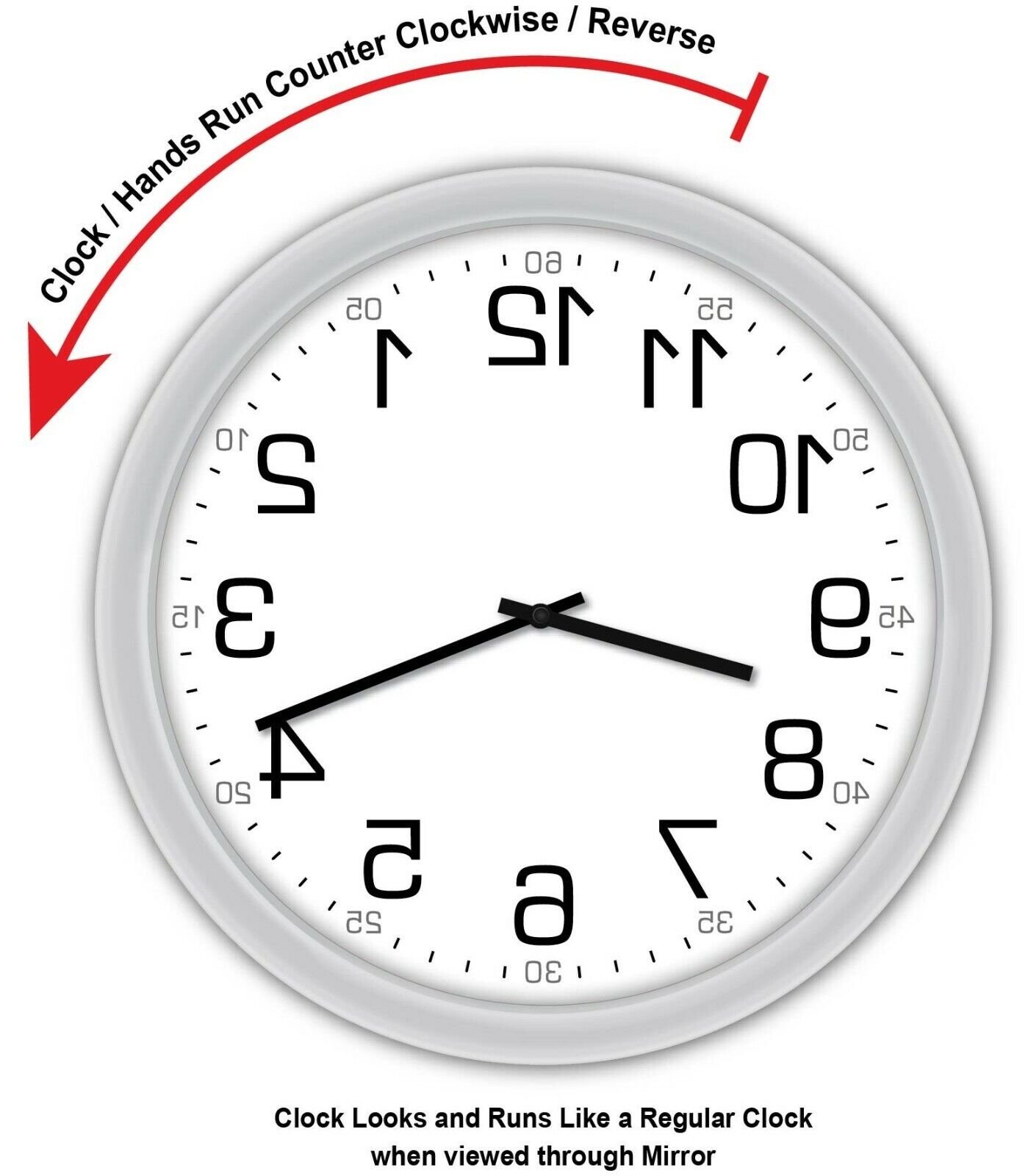 BACKWARDS REVERSE MIRRORED MIRROR WALL CLOCK - GREAT GIFT