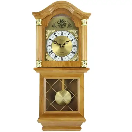 Bedford Clock Collection Classic Golden Oak Chiming Wall Clock With Swinging Pendulum photo Bedford Clock Collection Classic Golden Oak Chiming Wall Clock With Swinging Pendulum featured image