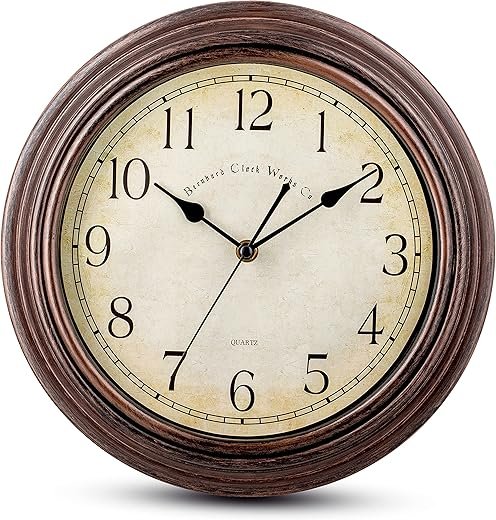Bernhard Products Vintage Wall Clock Silent Non Ticking - 12 Inch Quality Quartz Battery Operated Decorative Brown Clock for Home Kitchen Living/Dining Room Office Decor, Easy to Read, Rustic Bronze