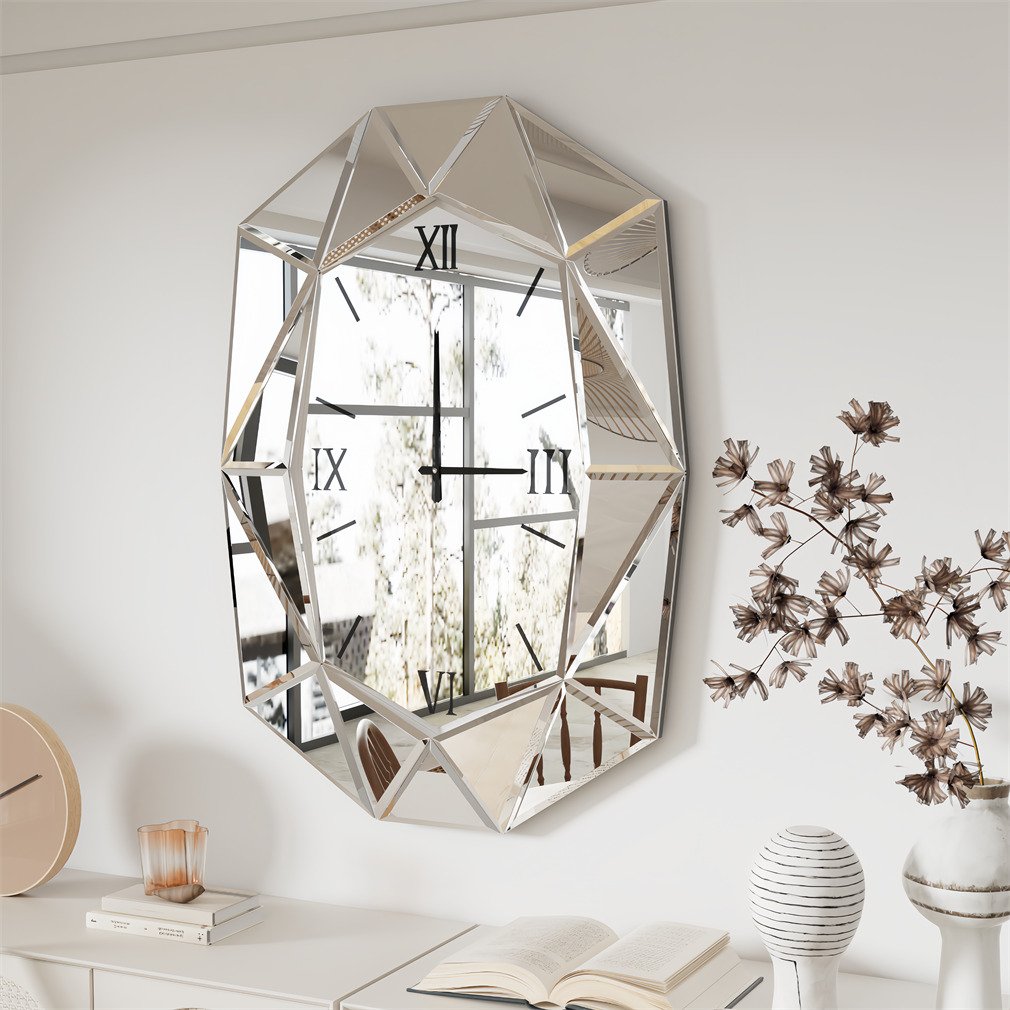 Beveled 3D Mirror Roman Numeral Clock Wall Mirror for Home Fireplace Living Room