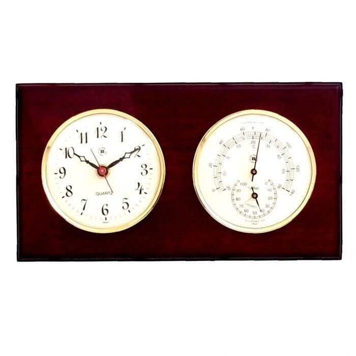 Bey berk Quartz Clock and Thermometer with Hygrometer on Mahogany Wood