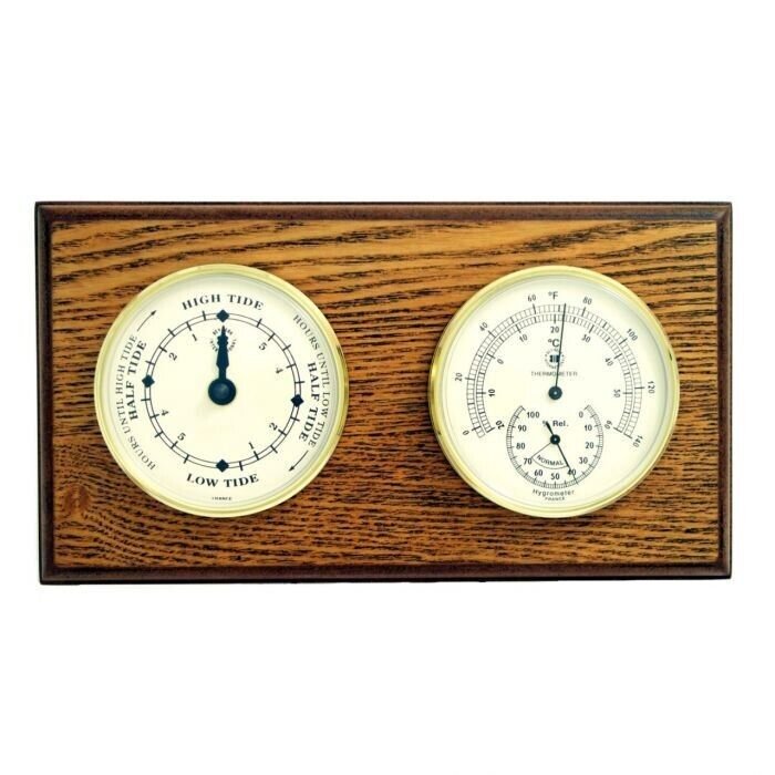 Bey berk Tide Clock and Thermometer with Hygrometer on Oak Wood with Brass Bezel