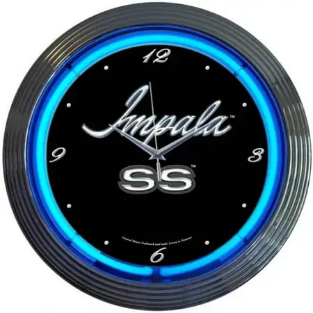 Bilot Cars and Motorcycles Impala Neon Wall Clock, 15 Inch, Chrome rim with a single ring of blue