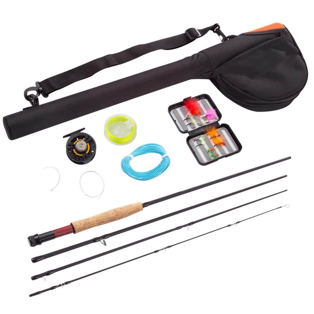 Black 8 ft.Collapsible Fiberglass Fly Fishing Rod and Reel Starter Kit with...
