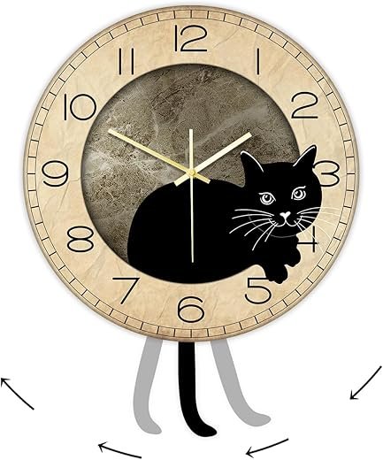 Black Cat Clock with Moving Tail Vintage, Funny Cat Wall Clock with Swinging Tail Silent Non Ticking Battery Operated Creative DIY Pendulum Wall Clock Black Kitty Decor Gift for Cat Lovers