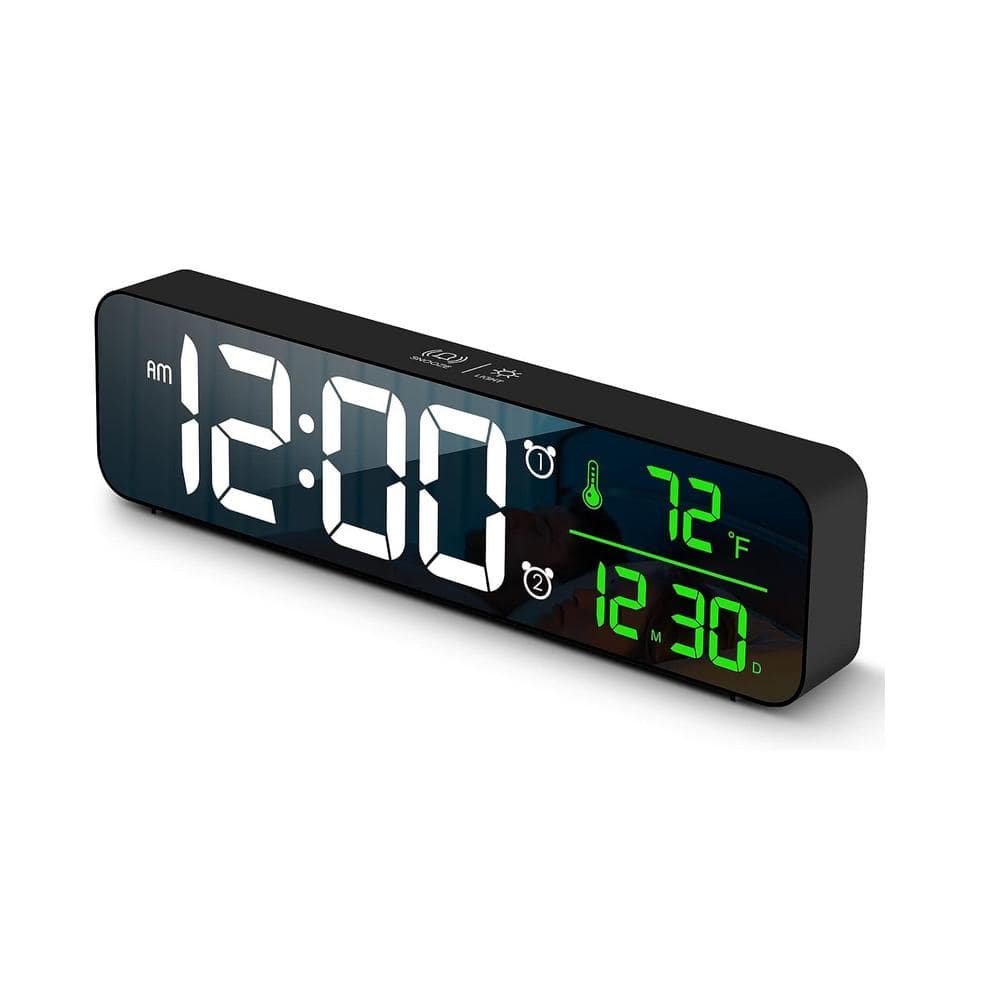 Black Digital Large Display Alarm Clock LED Date Temp Display Electric Clock...