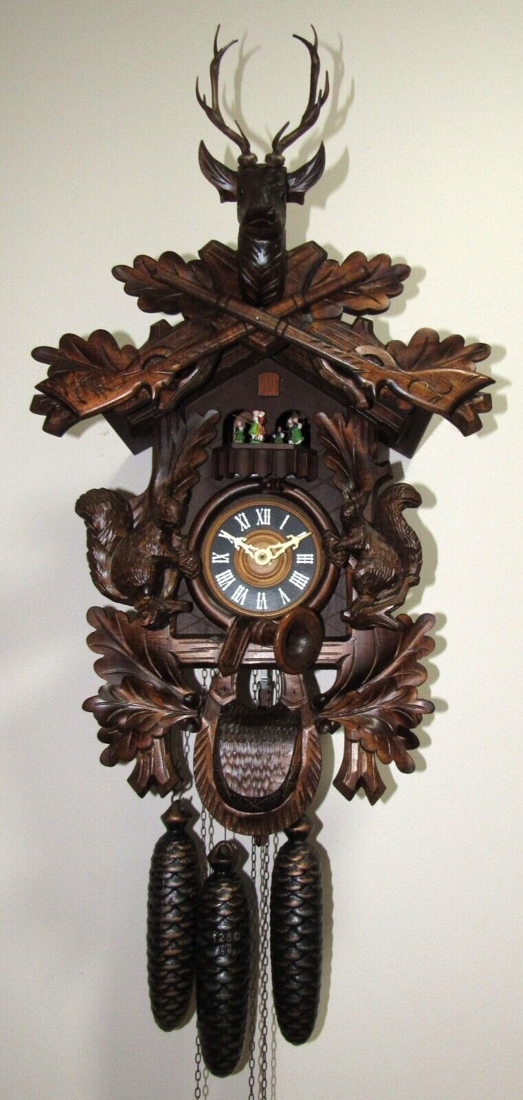 Black Forest Hunter's Musical Cuckoo Clock 8-Day Impressive with Squirrels