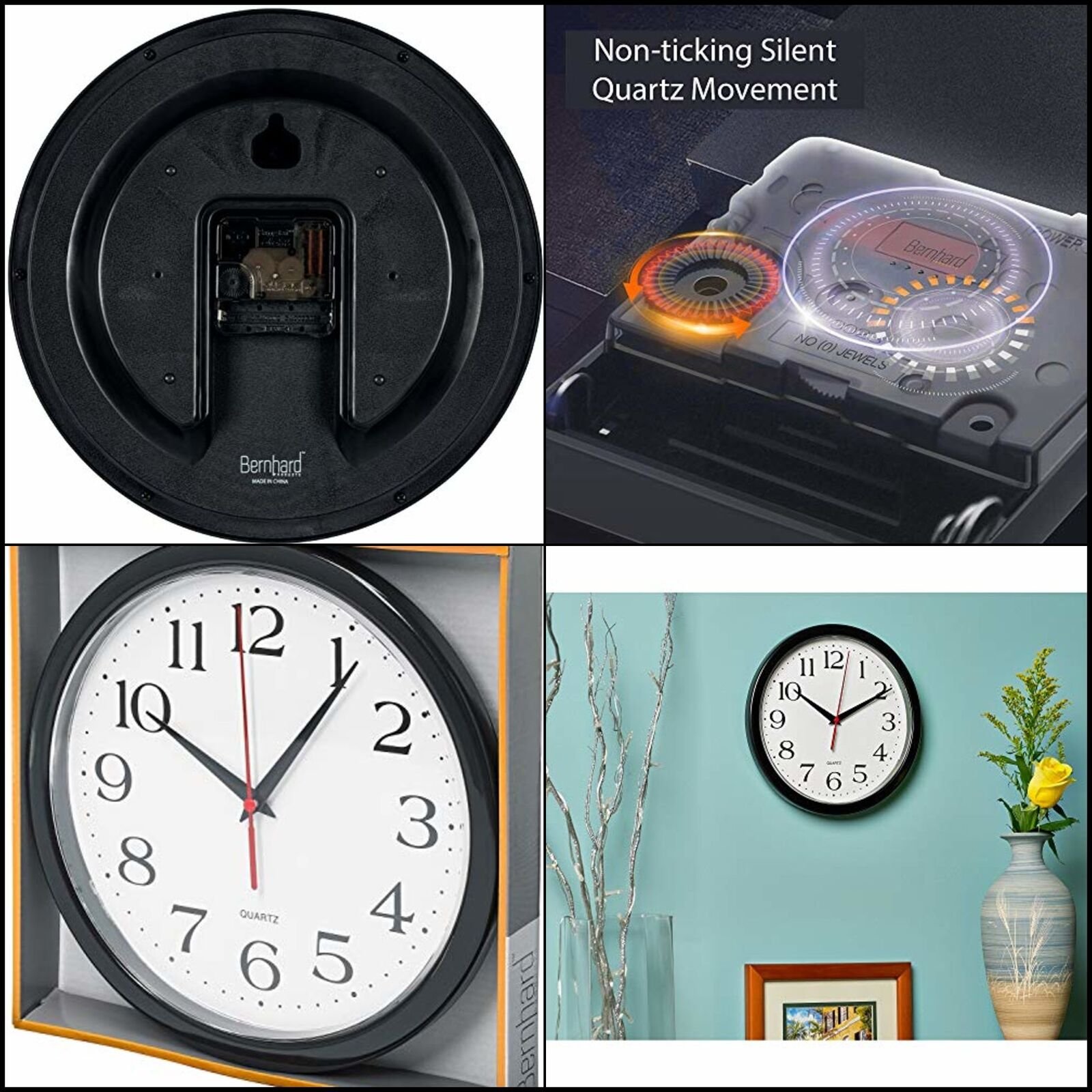 Black Wall Clock Silent, Non Ticking, 10" Quality Quartz Battery, Operated Round