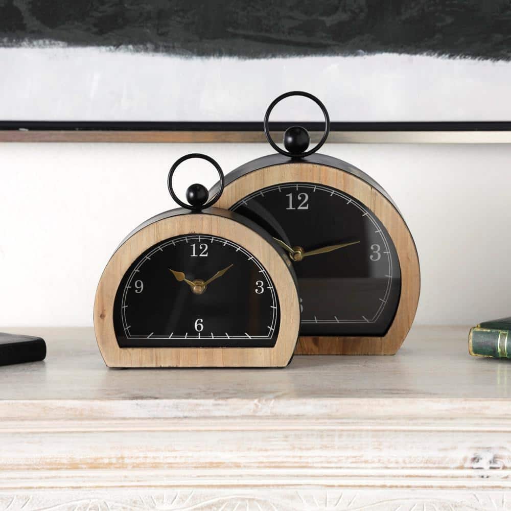 Black Wooden Semicircle Clock with Brown Wooden Frame and Ring Handle (Set...