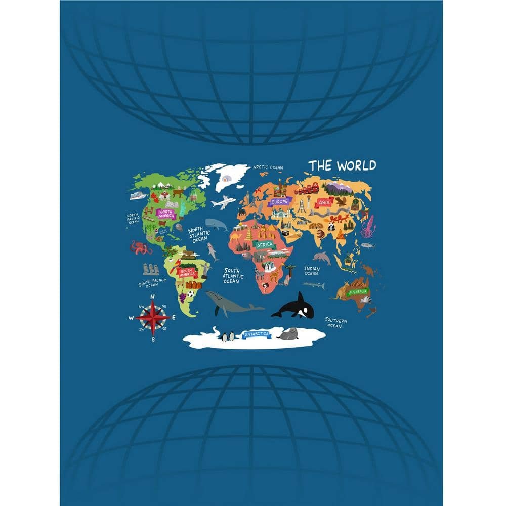 Blue Landmark and Animal World Map Twin XL Bedspread and 2-Pillow Shams...