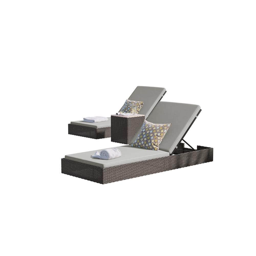 Boca Raton Brown 3-Piece Stationary Wicker Rattan Outdoor Lounge Chair with Gray...