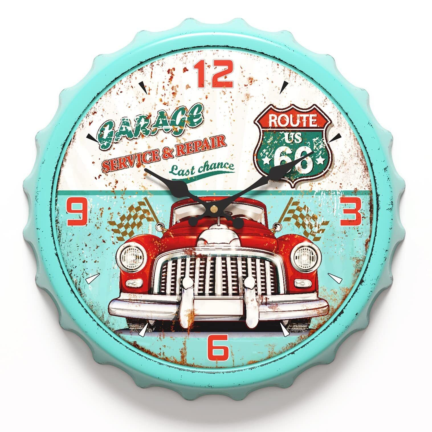 Bottle Cap Design Iron Retro Wall Clock 13 Inch Vintage Antique Style Silent Bat